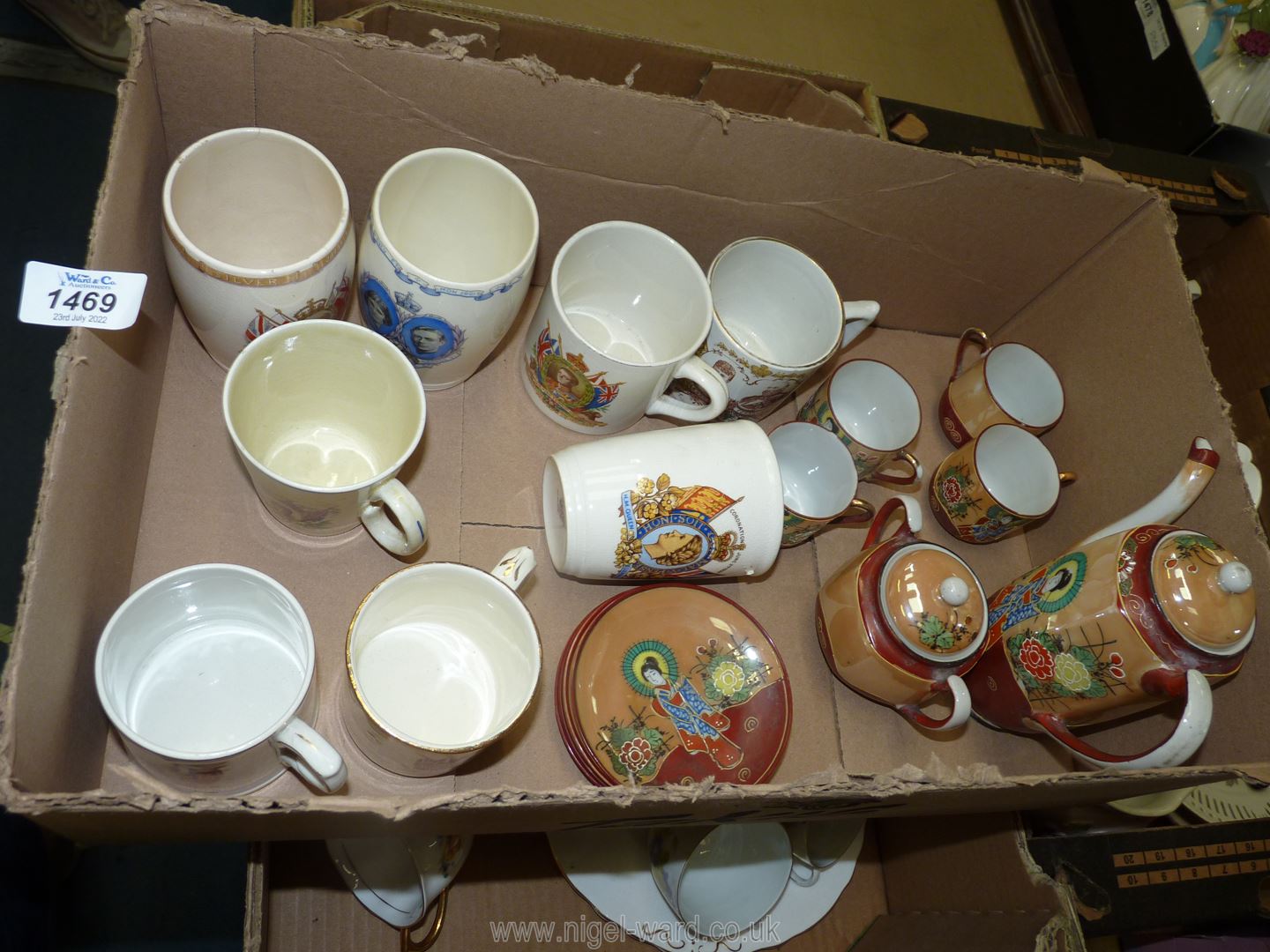An oriental hand painted part Teaset and quantity of Royal commemorative mugs and beakers to