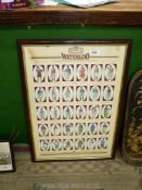 A framed and mounted set of Castella cigar cards 'Soldiers of Waterloo'.