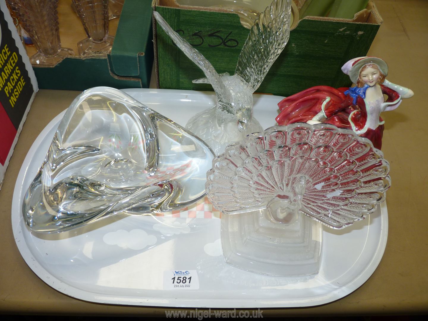 A glass Eagle by Cristal d'Arque, a glass Peacock and a glass bowl inscribed R.M.B.