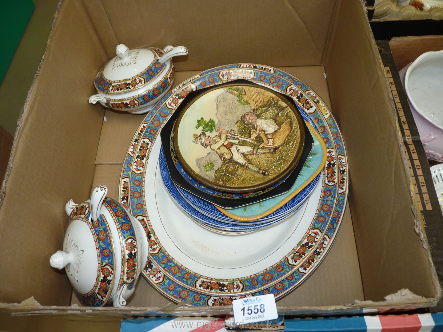 Three Regal ware serving meat plates and two serving dishes with lids and ladles and willow pattern