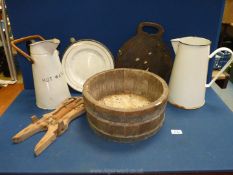 A quantity of miscellanea to include two large enamel water jugs, one with bamboo handle,