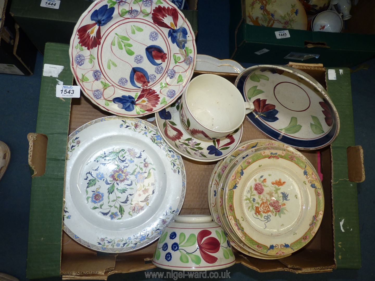 A large T&G Green cup and saucer in Oakville pattern plus two bowls and a plate in similar pattern,