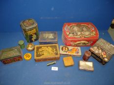 A quantity of assorted vintage tins including McVities, Cadbury, Silver Jubilee 1910-1935,