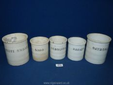 Five white Ironstone named storage canisters, various sizes: 'Sago', 'Semolina', 'Oatmeal', etc.