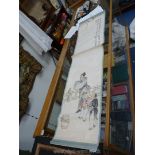 An oriental hand painted scroll of a sage with two young boys carrying his books and scrolls,
