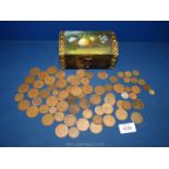 A painted box containing pre-decimal coins including pennies, half penny, threepences, etc.