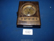 A brass Compass in wooden box with heraldic brass plaque inscribed 'Gott Mit Uns' (God with us.