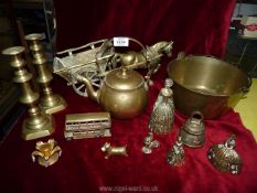 A box of assorted brass including jam pan, pair of candlesticks, horse and cart etc.