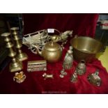 A box of assorted brass including jam pan, pair of candlesticks, horse and cart etc.