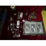 A quantity of plated items including hors d'oeuvre plate with glass dishes, cruet,