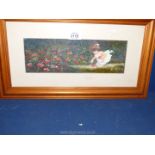 A framed Oil painting by June Alego Moffatt of a small child in a white dress picking flowers,