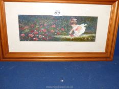 A framed Oil painting by June Alego Moffatt of a small child in a white dress picking flowers,