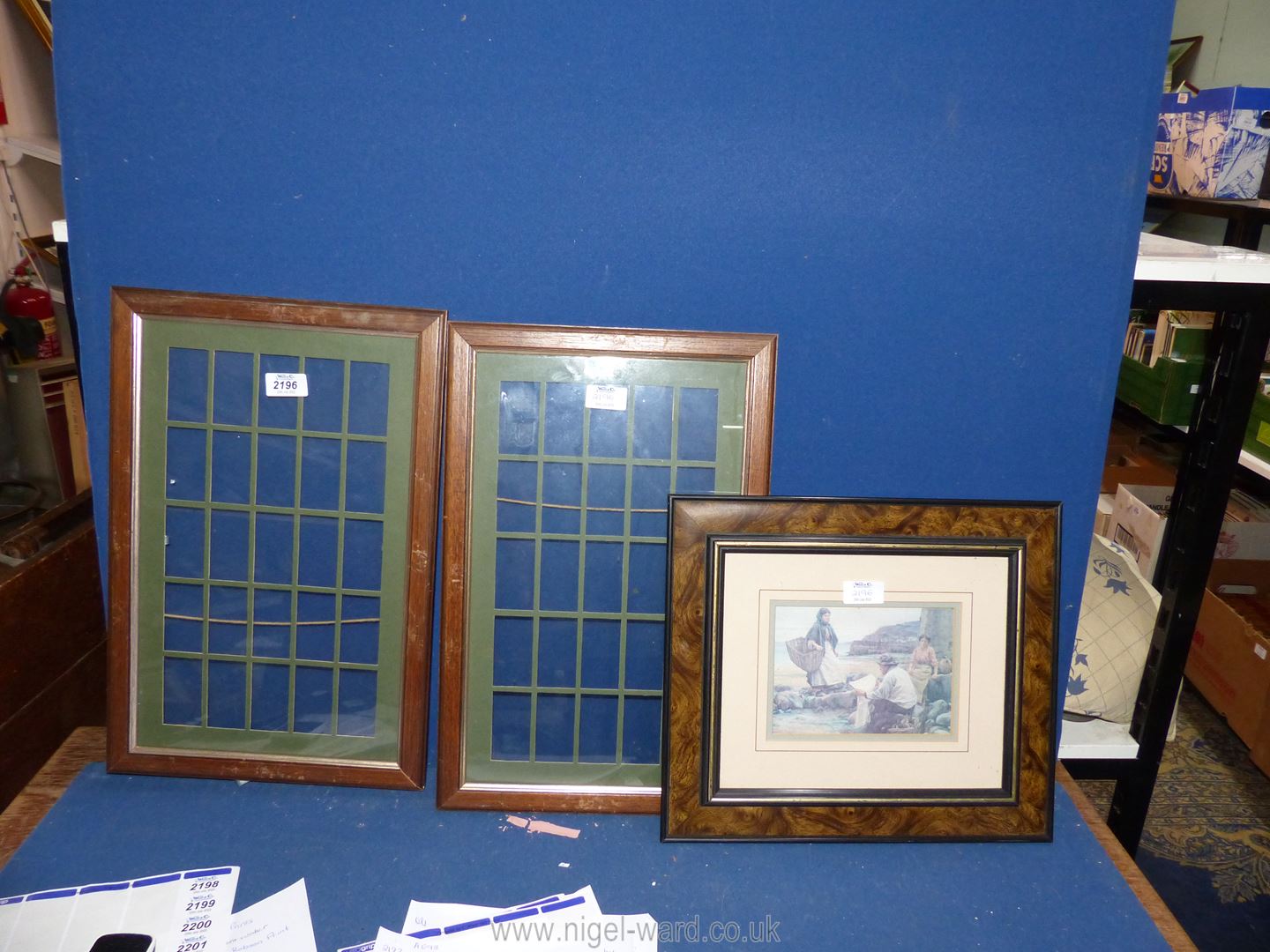 Two empty frames for cigarette card displays and a framed print of Figures in a harbour. - Image 2 of 2