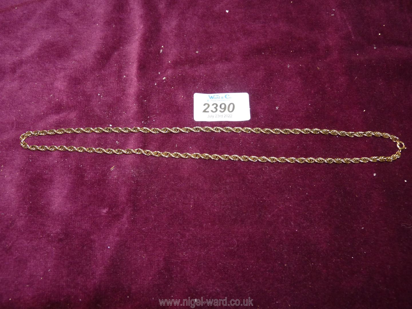 A 9ct gold rope twist chain necklace, 20" long, 14 grams.