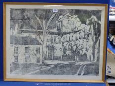 A large framed Print depicting an Abbey and cottage with trees, unsigned 33" x 25 1/2".