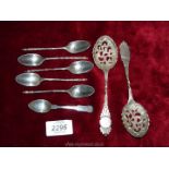 Four matching silver teaspoons with twist handles and detailing to the spoons- hallmarks rubbed