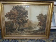 A large gilt framed Watercolour of a Country landscape with river valley and figures and cattle on