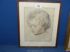 A framed print of a young child Nicolas Rubens with beaded necklace, signed P.P.