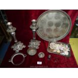 A small quantity of EPNS; circular tray with pair of candlesticks, bonbon dish, shells,
