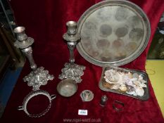 A small quantity of EPNS; circular tray with pair of candlesticks, bonbon dish, shells,