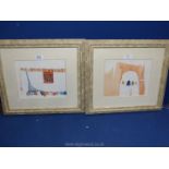 A pair of limited edition mixed media Prints depicting a wall hanging and front of building,