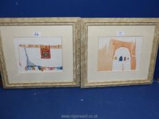 A pair of limited edition mixed media Prints depicting a wall hanging and front of building,