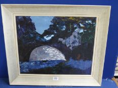 A white framed Oil painting titled Llangenny Bridge, label verso, no visible signature.