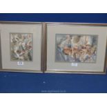 Two cubist style watercolours of orchestral musicians, framed,