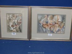 Two cubist style watercolours of orchestral musicians, framed,