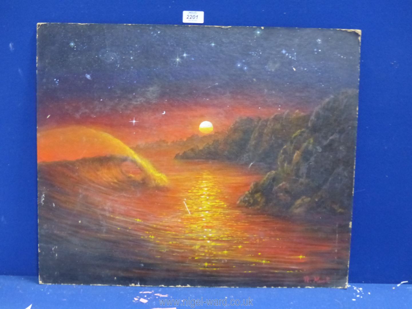 An unframed Oil on board depicting a sunset scene over coastal waters, signed lower right N.