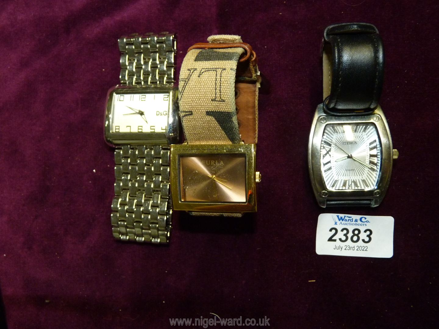 A Furla steel collection watch, D&G square watch and Citron Quartz gents watch.