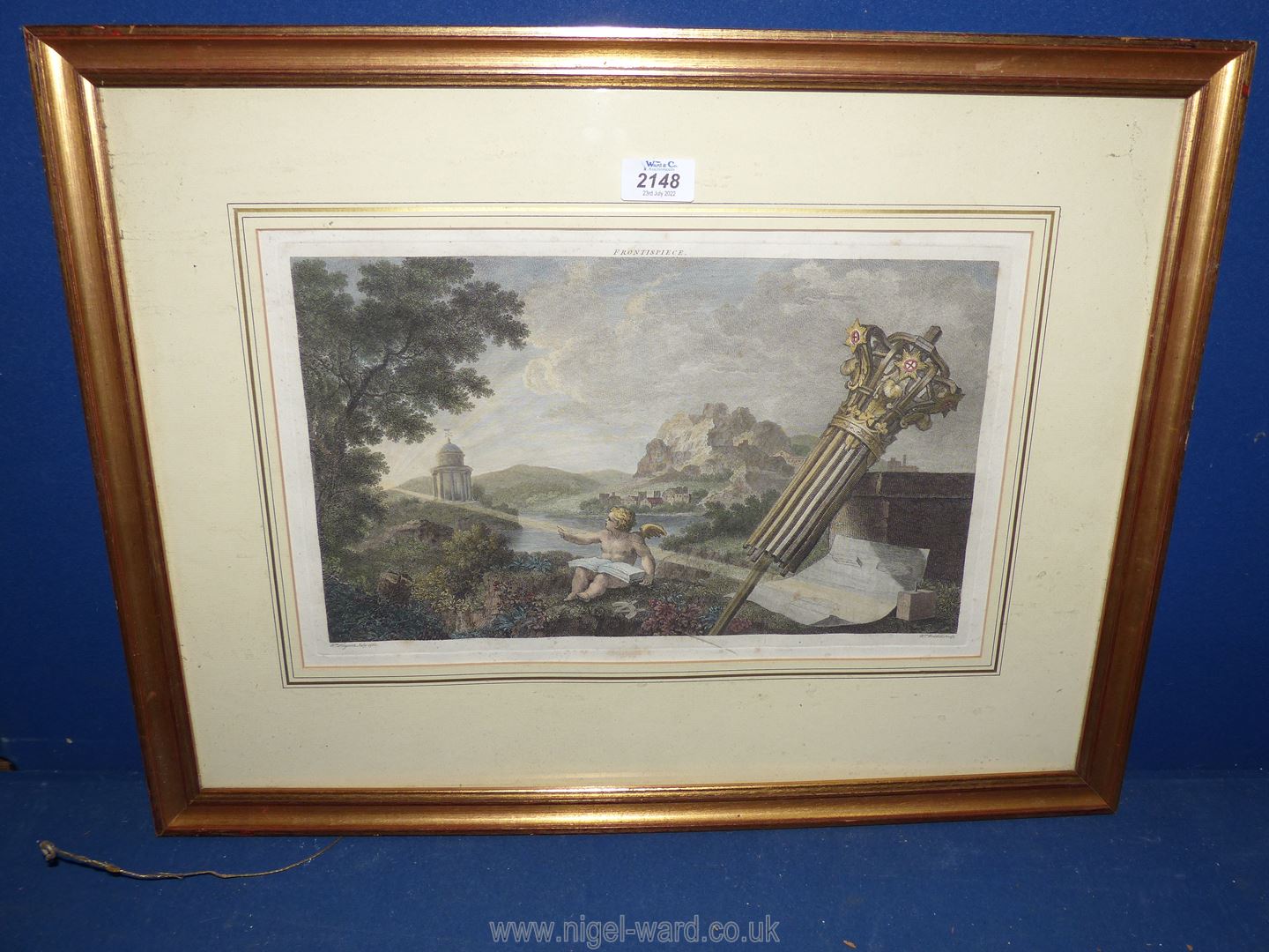 A framed and mounted coloured Etching titled 'Frontispiece' by W. Hogarth, 24" x 18 1/4". - Image 2 of 2