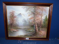 A modern oil painting depicting woodland river scene.