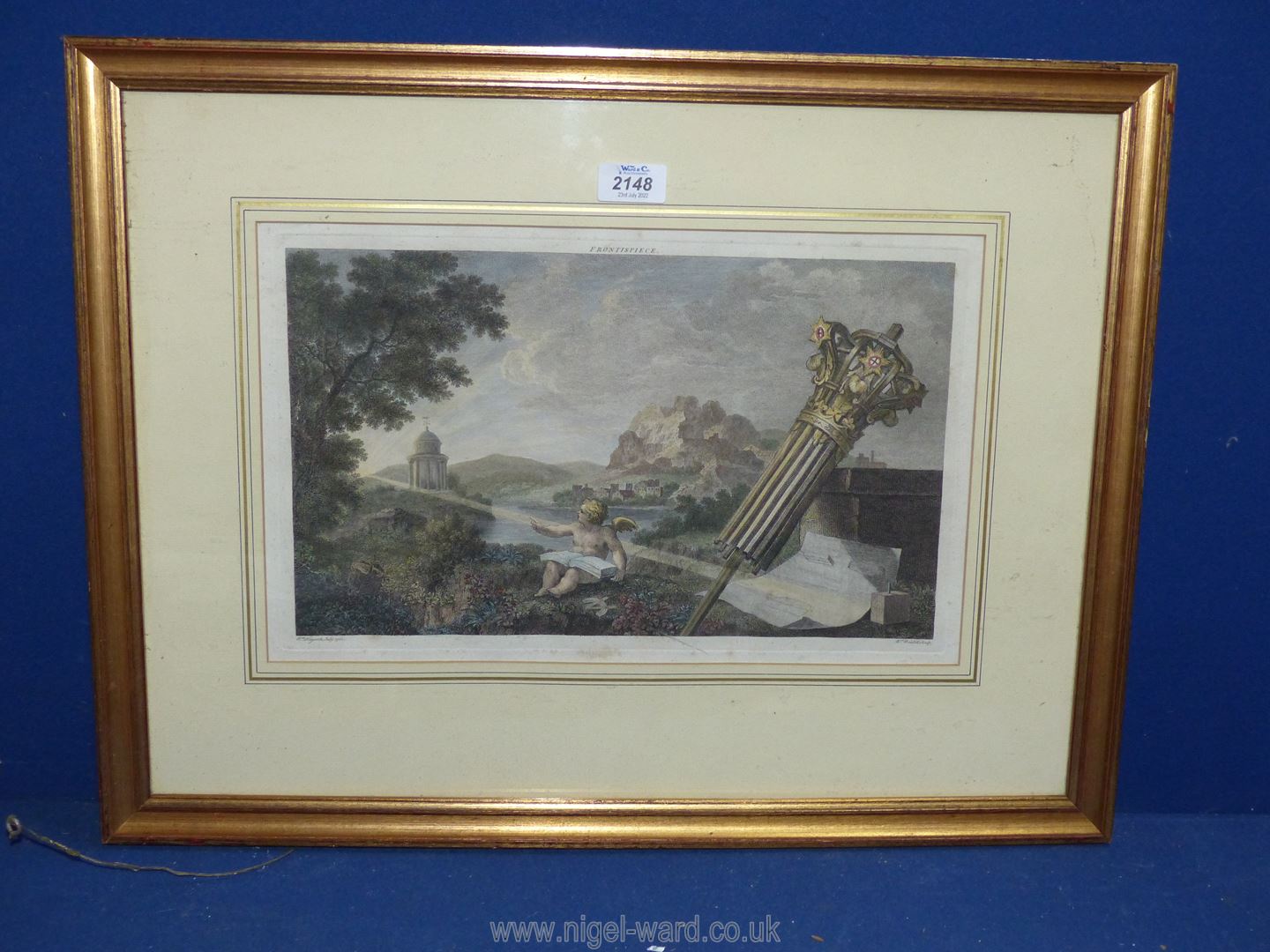 A framed and mounted coloured Etching titled 'Frontispiece' by W. Hogarth, 24" x 18 1/4".