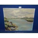 An unframed Oil on board label verso 'The Severn at Newnham' by M. Miller, 20" x 16".