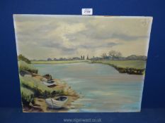 An unframed Oil on board label verso 'The Severn at Newnham' by M. Miller, 20" x 16".