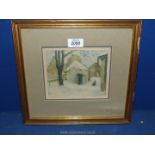 A framed and mounted coloured lithograph of a water scene with figures leaving religious building,