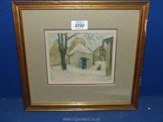 A framed and mounted coloured lithograph of a water scene with figures leaving religious building,