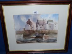 A framed and mounted watercolour depicting a harbour scene, indistinctly signed lower left.
