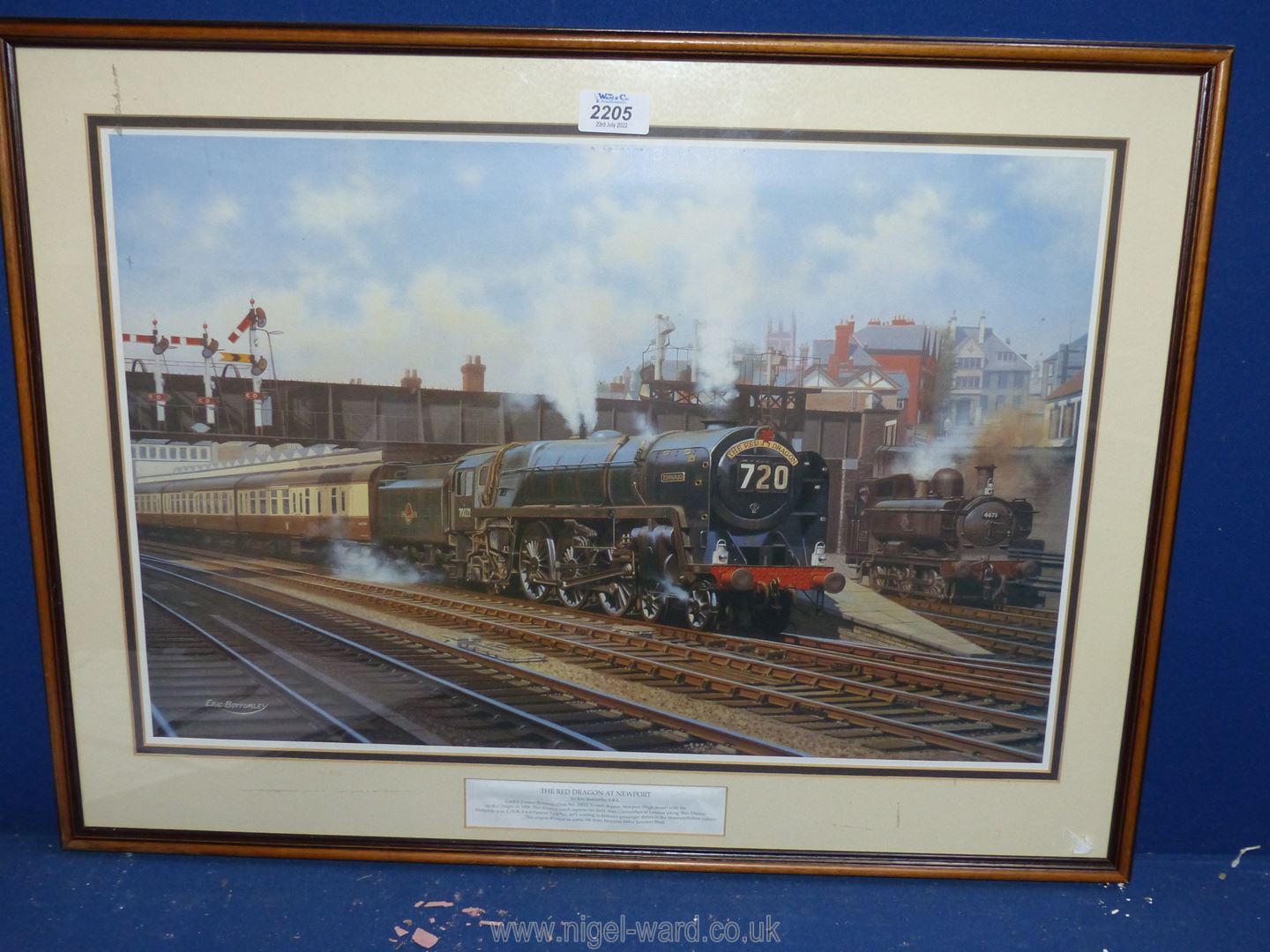 A framed and mounted Eric Bottomley Print titled 'The Red Dragon at Newport'.