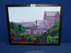 A modern framed oil on canvas titled verso 'Edinburgh skyline from the Botanic's,