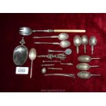 A quantity of scrap silver and plate including mustard spoon head, spoon handle etc,