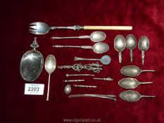 A quantity of scrap silver and plate including mustard spoon head, spoon handle etc,