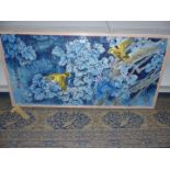 A large framed oriental Watercolour the flora in blue tones and with yellow birds, 52" x 25 1/2".