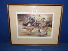 A framed and mounted Mick Cawston Print depicting Greyhounds, ferrets and a rabbit,
