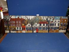 A Ken Law Print on board depicting a street scene, 43 x 12".