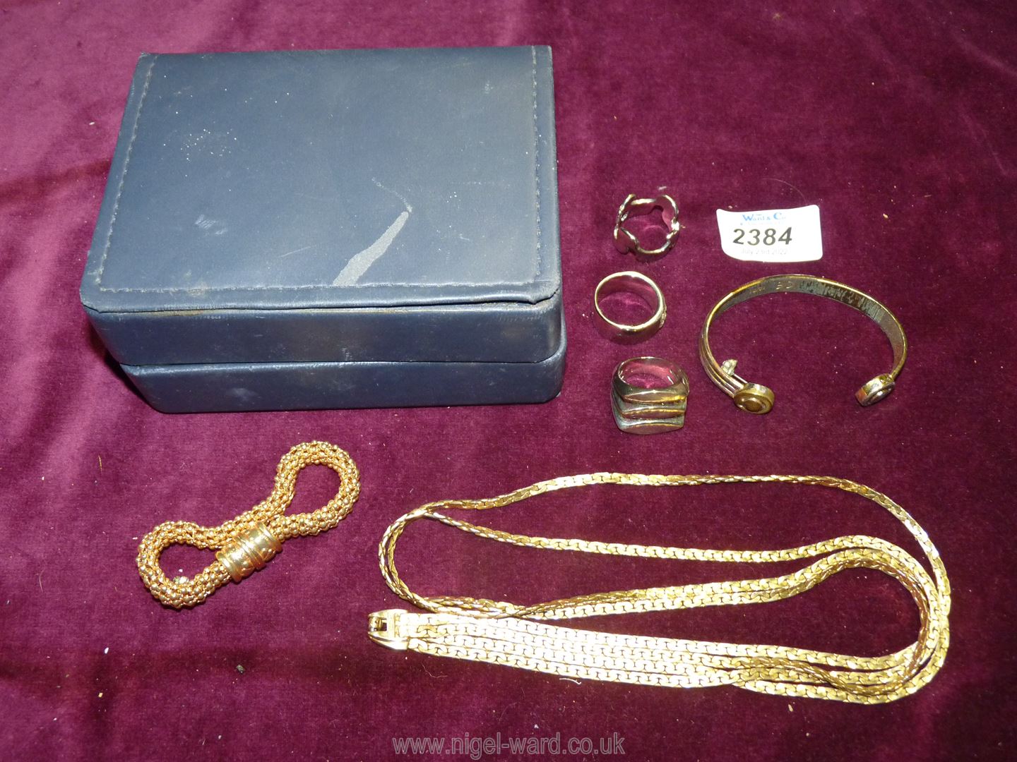 Miscellaneous jewellery including 3 white metal dress rings, bracelets and two strand necklace.