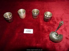 A pretty white metal Nautilus sugar sifter having Jersey crest, plus four continental,