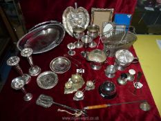 A box of Epns items including trays, wine bottle basket, goblets, frames, bud vases, etc.