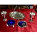 A box of silver plate items to include, an oval dish with handle, two Jubilee goblets,